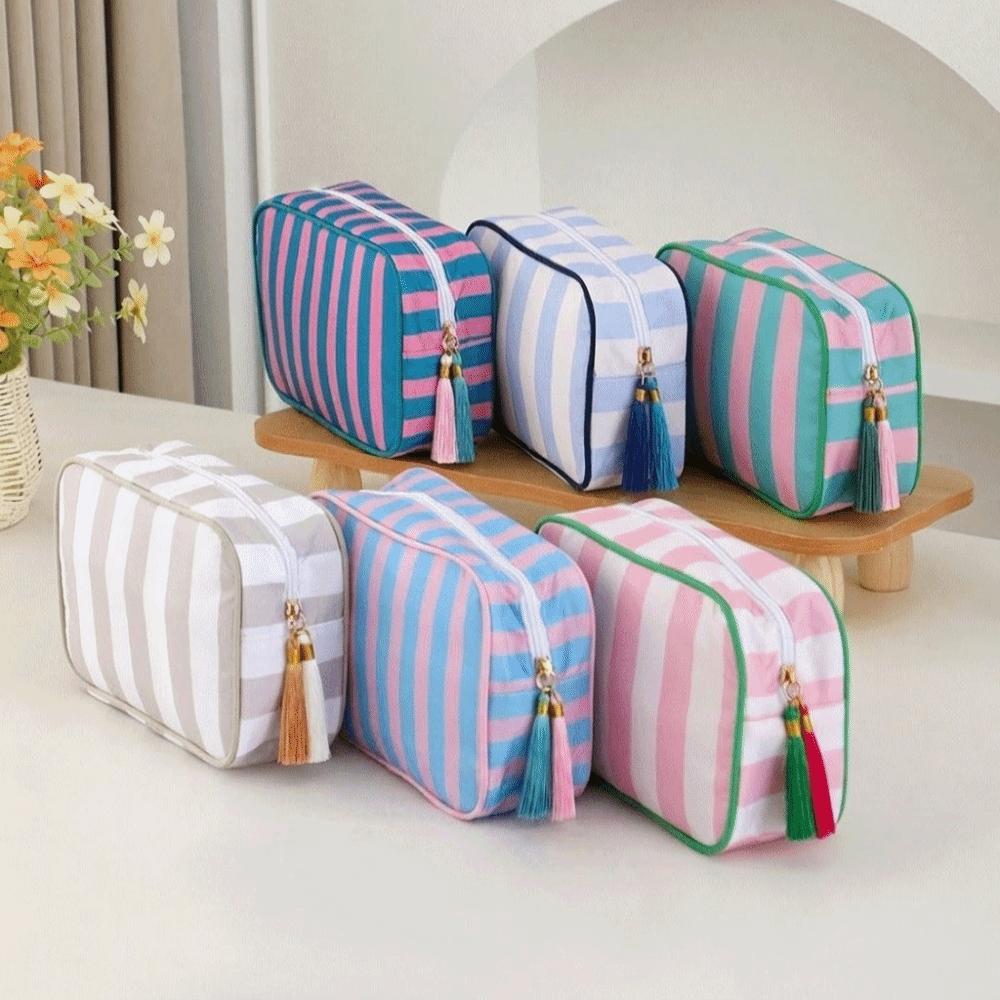 Large Capacity Portable Cosmetic Bag Large Striped Makeup Bag Portable Pouch Girls