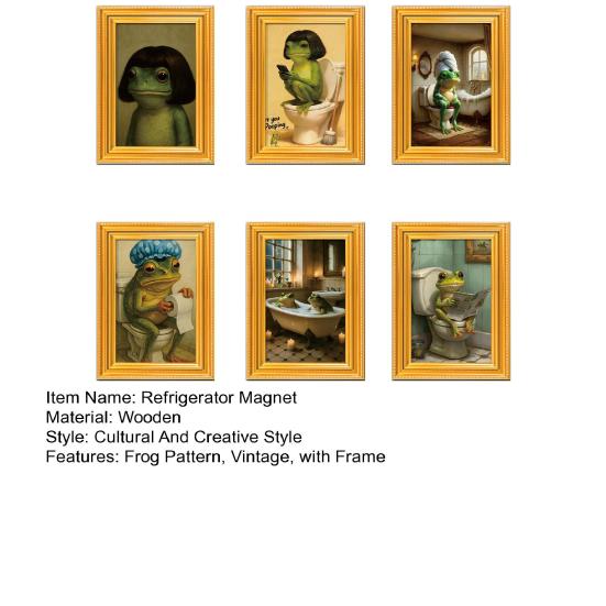 1/6Pcs Abstract Frog Refrigerator Magnet Vintage Cartoon Green Frog Fridge Magnet with Frame Home Kitchen Office Decoration