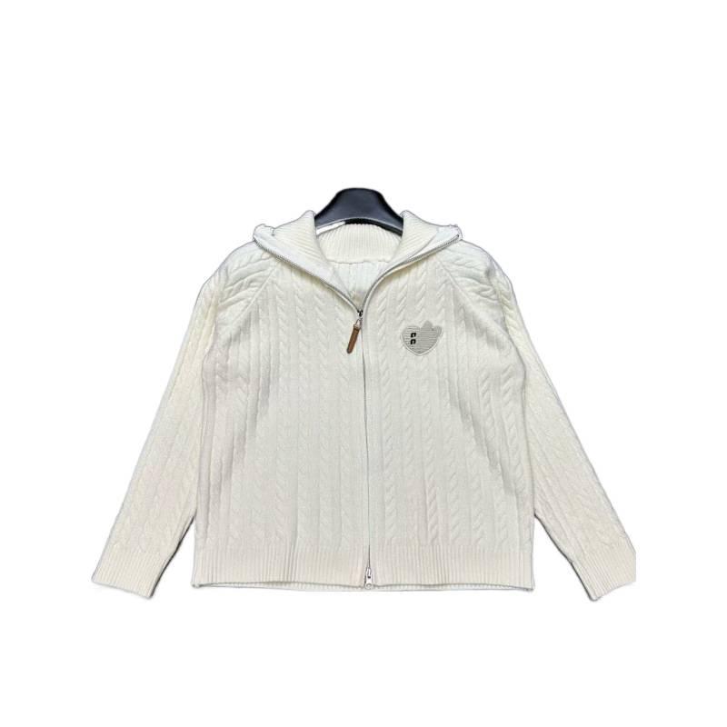 Miu Style 2025 Autumn/Winter Color Block Embroidery High Neck Cable Knit Elegant Cardigan
