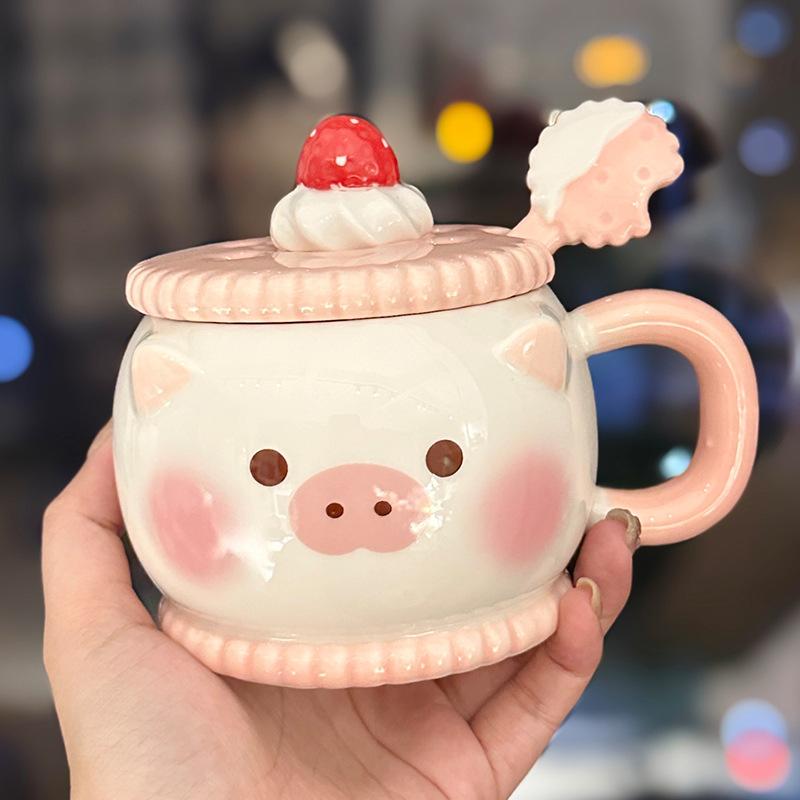 Milk Fufu Sandwich Biscuits Ceramic Mug With Lid Spoon Cute Cartoon Water Cup For Girl Girlfriends Birthday Gift about 400ml