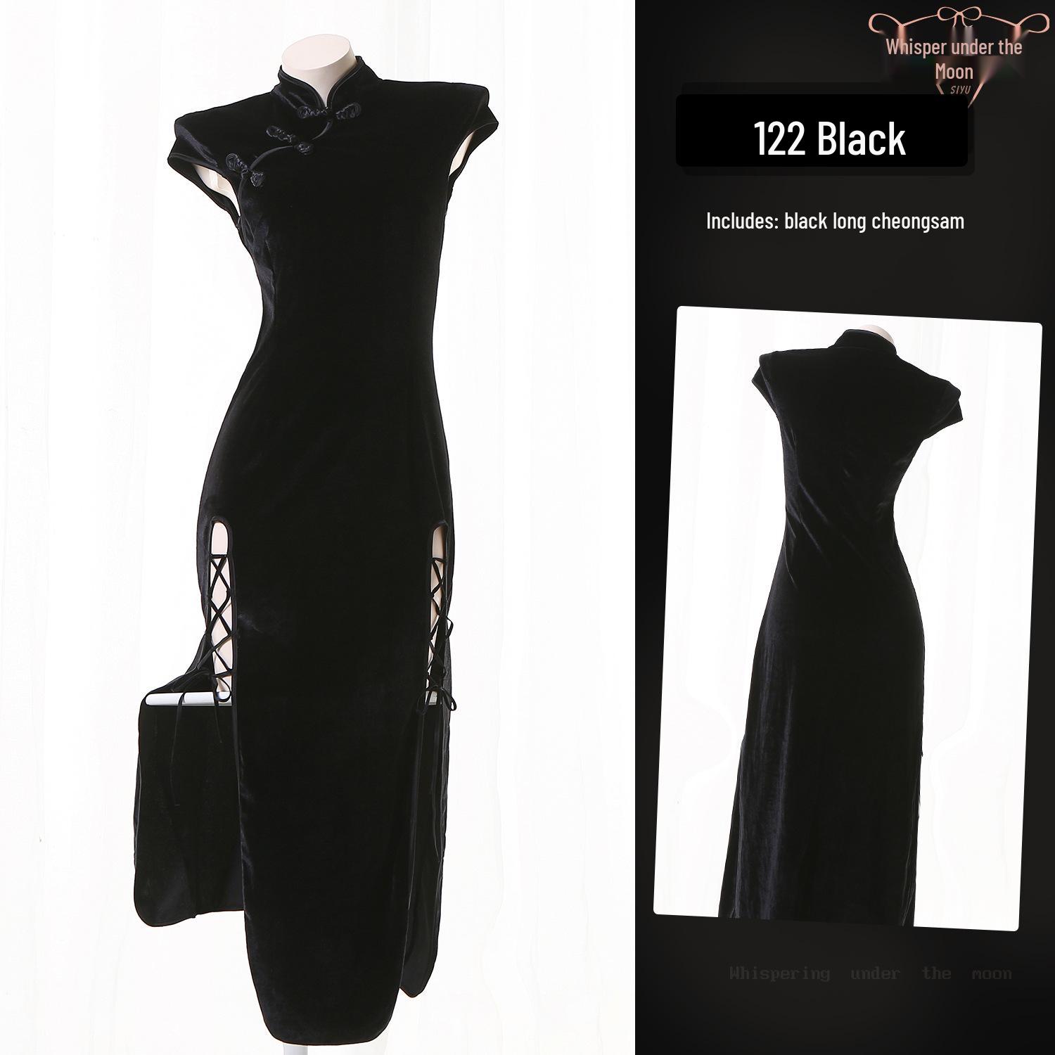 

Черное ретро китайское бархатное платье ципао с разрезом - Элегантная и современная длинная юбка L чёрный