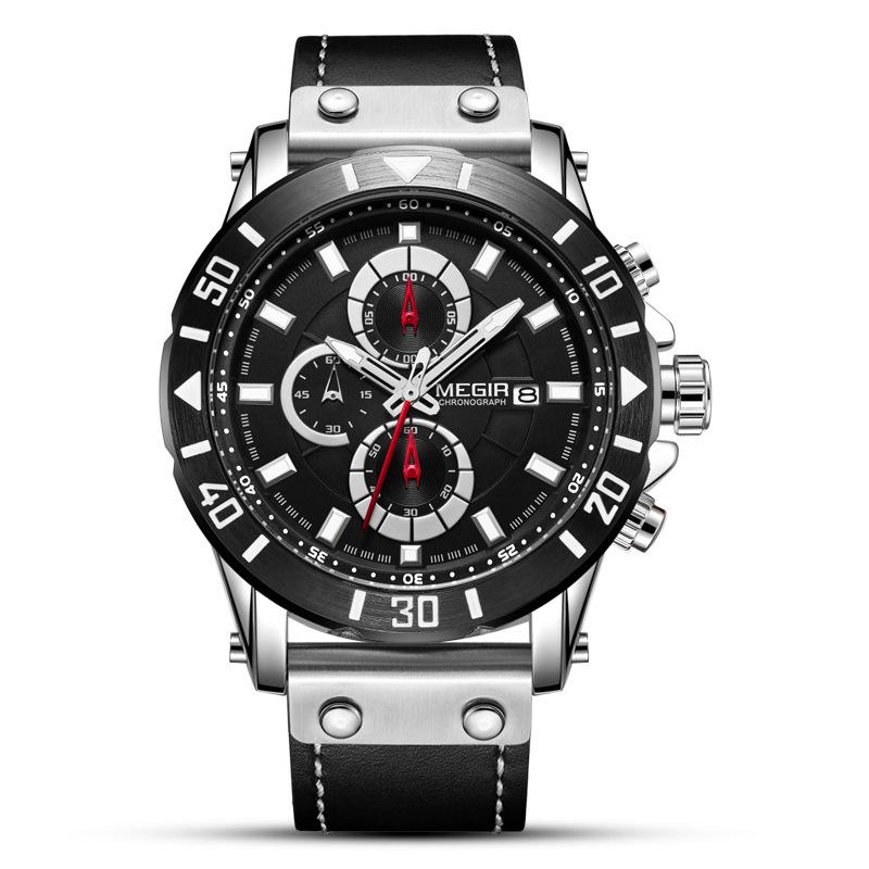 Watch Men'S Fashion Sports Three-Eye Timing Leather Versatile Men'S Quartz Watch 2081
