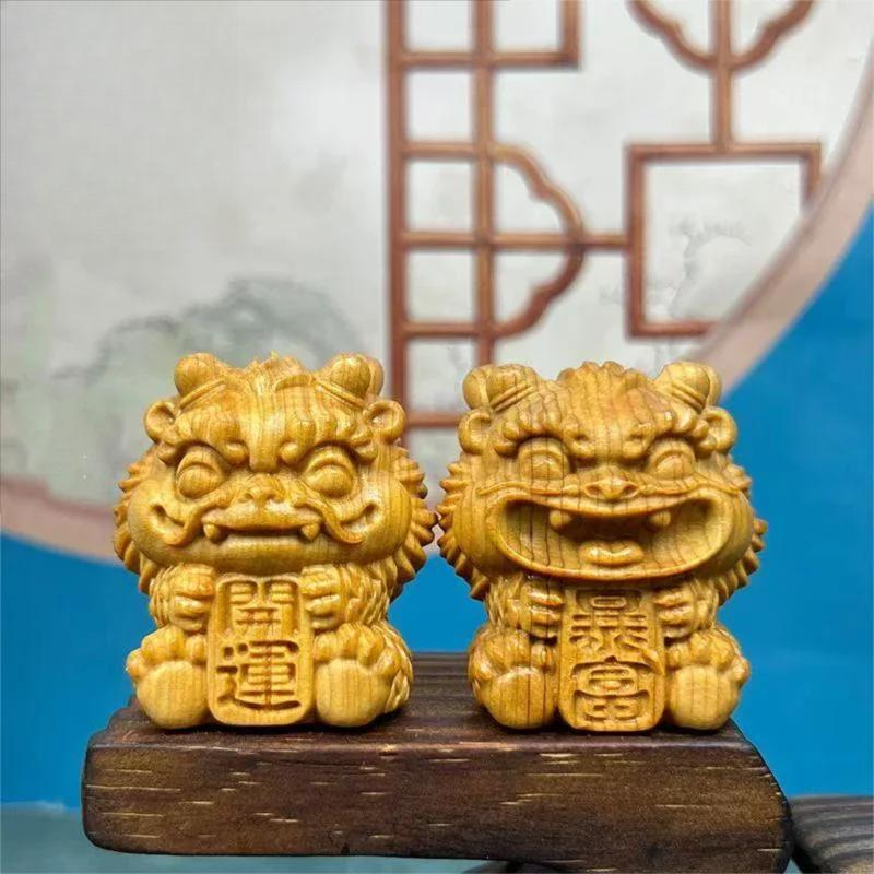 Natural Solid Wood Feng Shui Little Lion Lucky Mini Statue Cute Home Room Office Car Decorations  Featured Mascot A Pair