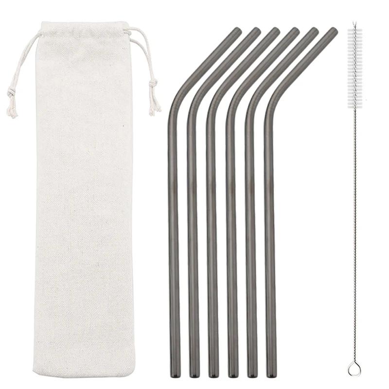 Gold 6Pcs Reusable Metal Straws Set with Cleaner Brush 304 Stainless Steel Drinking Straw Milk Drinkware Bar Party Accessory