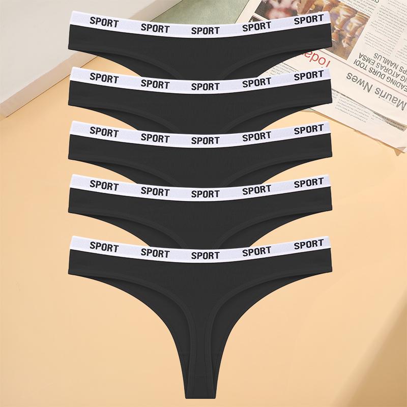 FINETOO 5pcs/Set Sexy G-String Low Waisted Sexy Antibacterial Bag Buttocks Underwear for Women Simple and Comfortable Breathable Letter