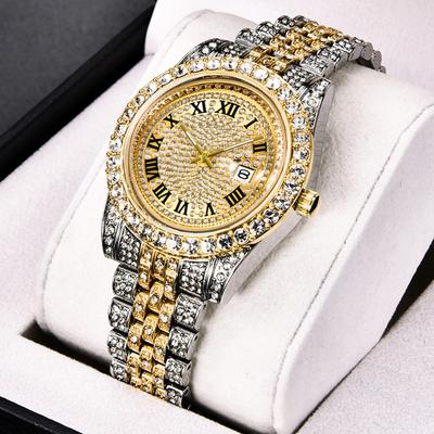 Nové módní pánské hodinky s plnými diamanty pro zahraniční obchod Hvězdné nebe Kalendář Quartz Interroom Zlaté Pánské hodinky s ocelovým páskem