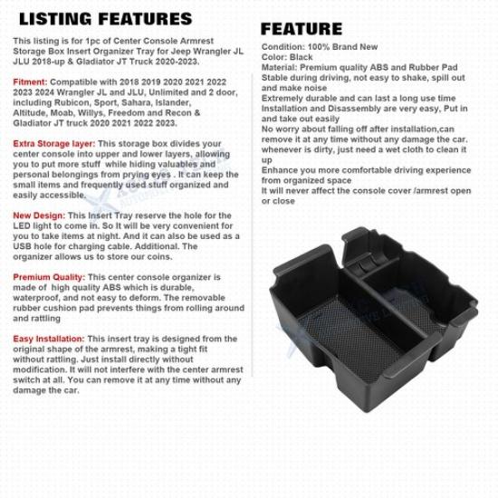 Black Center Console Organizer For Jeep Wrangler JL JLU & Gladiator JT 2018-Up