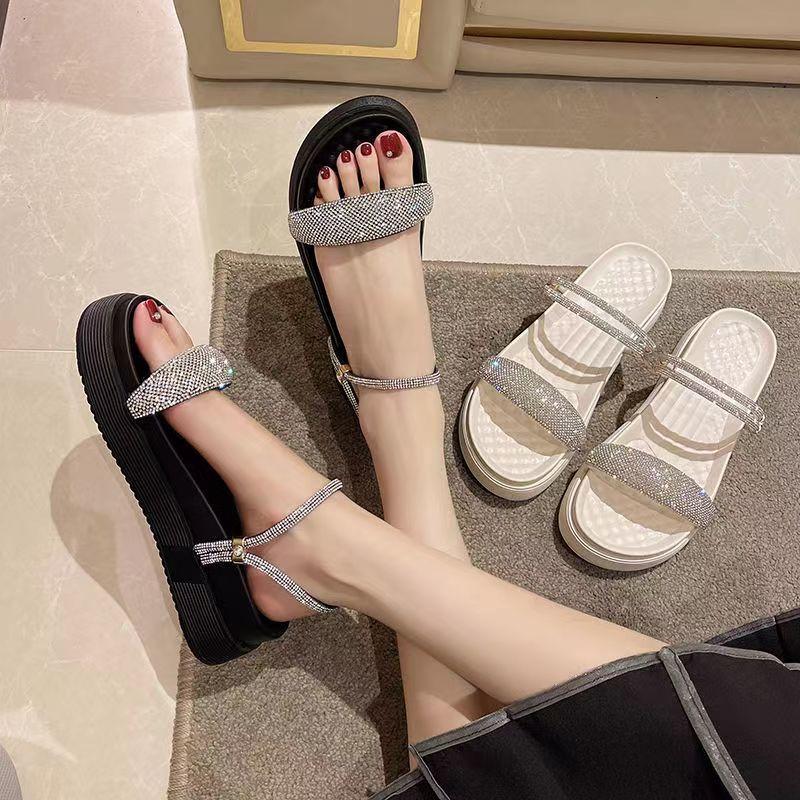 Damenschuhe Strasssteine Offene Zehenpartie Plateau Damensandalen Diamant Günstig Ausverkauf Korea im Angebot Schuh Sommer 2026 Bequem