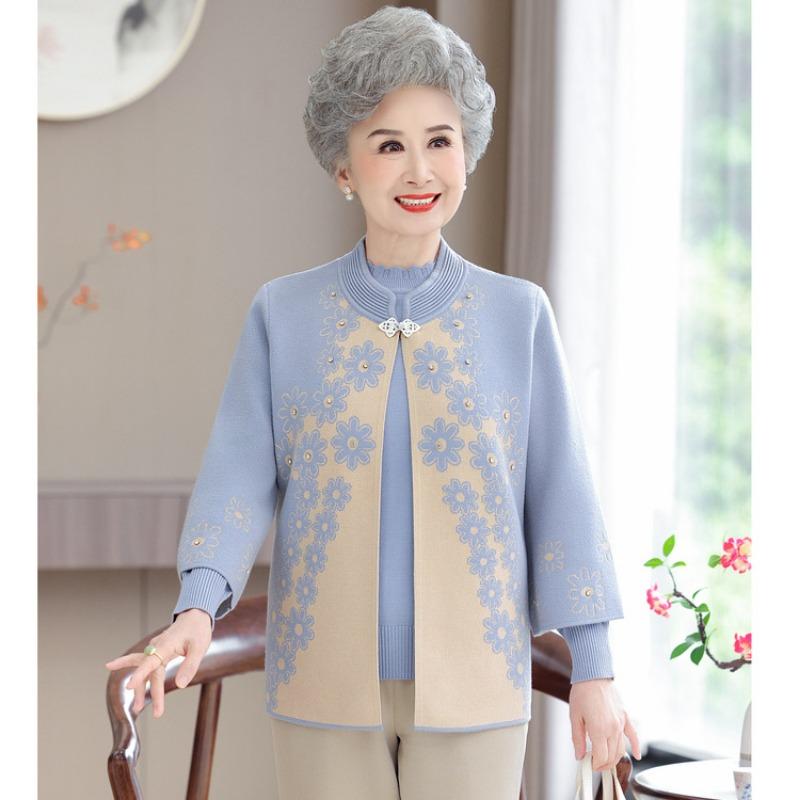 

Зимние бархатные топы для пожилых женщин среднего возраста, осенняя одежда для мамы, свадебный банкет, одежда в стиле Тан, кардиган, свитер для бабушки, комплект из двух предметов XL синий