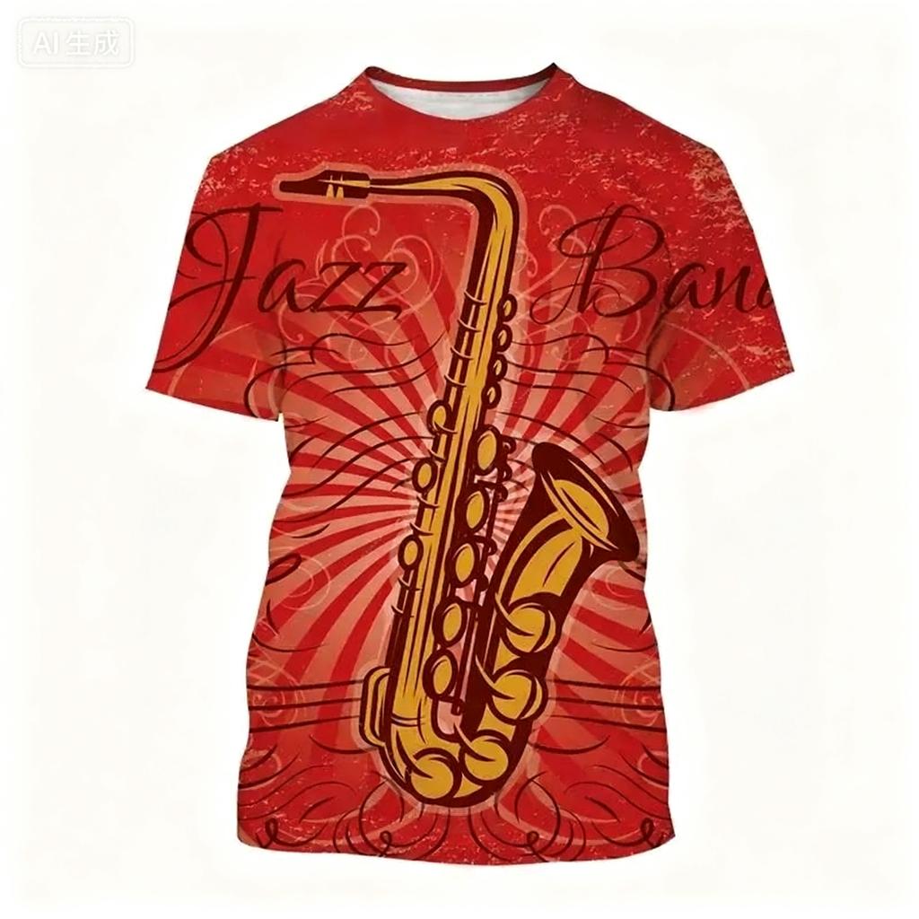 Summer Round Neck 3D Saxophone Pattern Print Top Fashionable Casual Short Sleeved Men's T-shirts