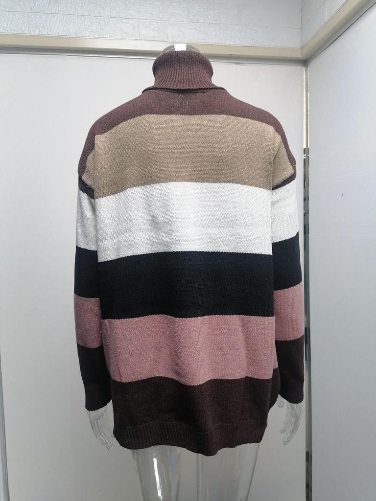 2025 Autumn/Winter High Neck Patchwork Knit Plus Size Women's Striped Sweater