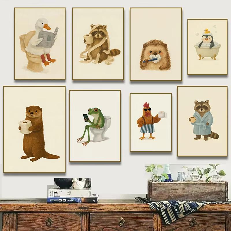 Funny Otter Toilet Paper Duck Reading On Toilet Poster Raccoon Animal Wall Art Bathroom Canvas Painting Print Nursery Home Decor