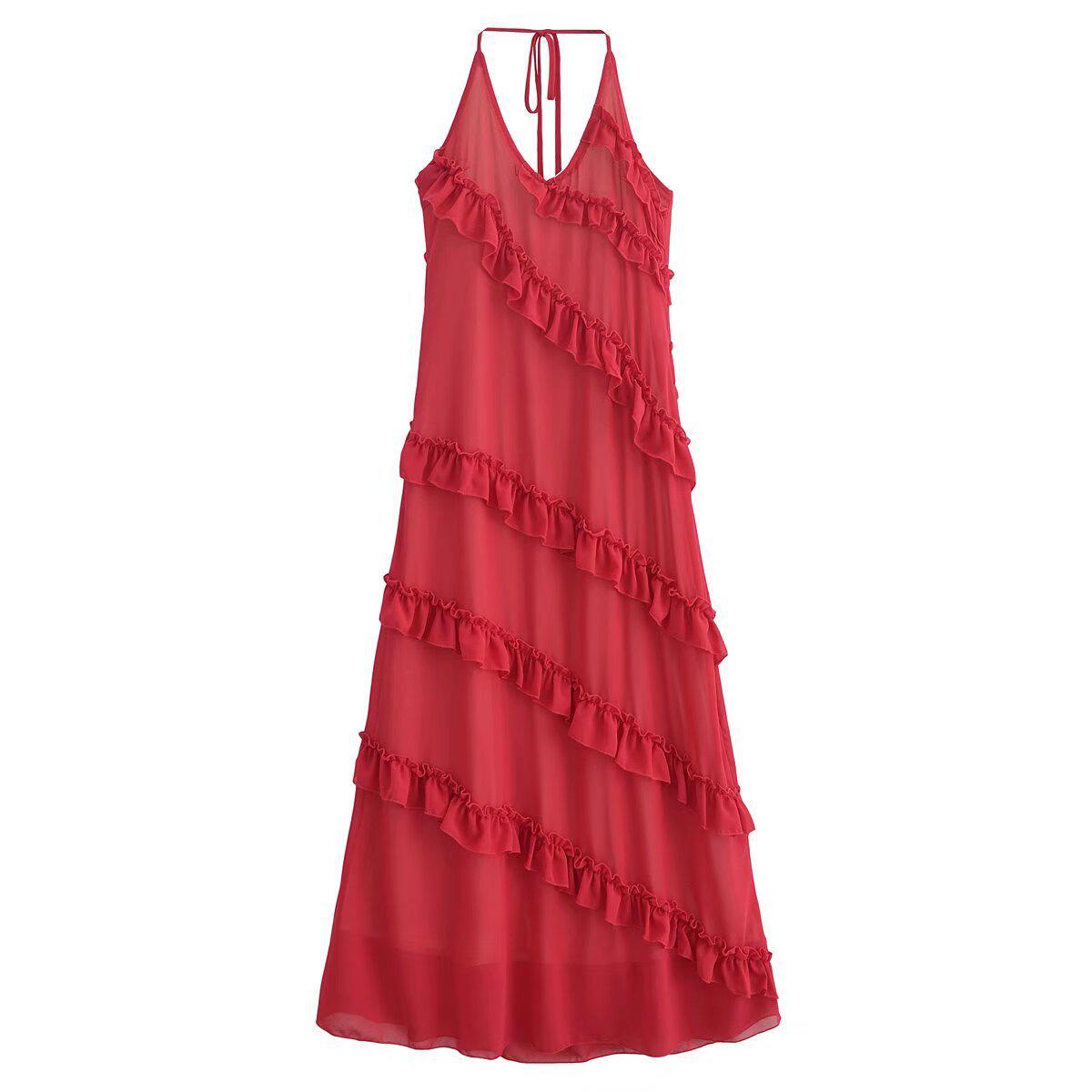 

2024 Зимнее женское красное платье на бретелях-спагетти с оборками - Мода в европейском и американском стиле Large красный