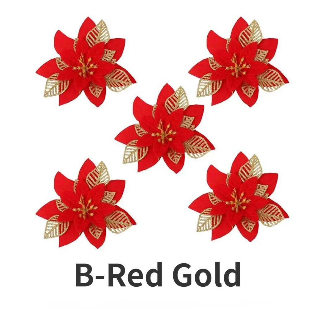 20/5PCS Artificial Glitter Christmas Flowers with Clip Xmas Tree Hanging Ornament Fake Flower New Year Party Home Decor Supplies