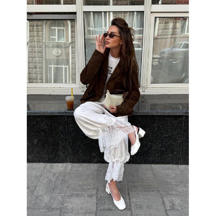 Linad Vintage Loose Lace Pencil Pants For Women White Elegant Elastic Waist Trousers Street Chic Ankle Length Pants 2025 Summer