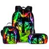 Animal Wolf King Three Piece Set Backpacks for Boy and Girls Best Gifts 2D Flat Cartoon School Backpack for Children