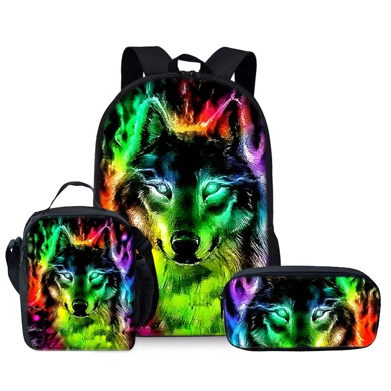 Animal Wolf King Three Piece Set Backpacks for Boy and Girls Best Gifts 2D Flat Cartoon School Backpack for Children