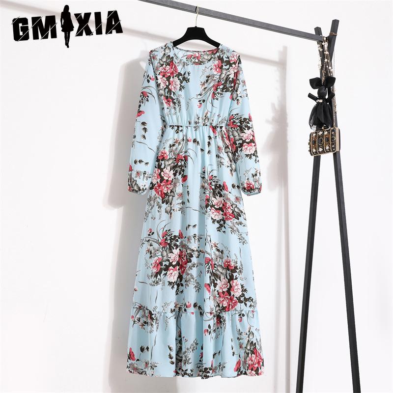 GMXIA 25 Colors Spring Women Maxi Dresses Casual Long Sleeve Floral Print O-Neck Ladies Long Dress Bohe Beach Party Mujer Vestidos Muslim Dress