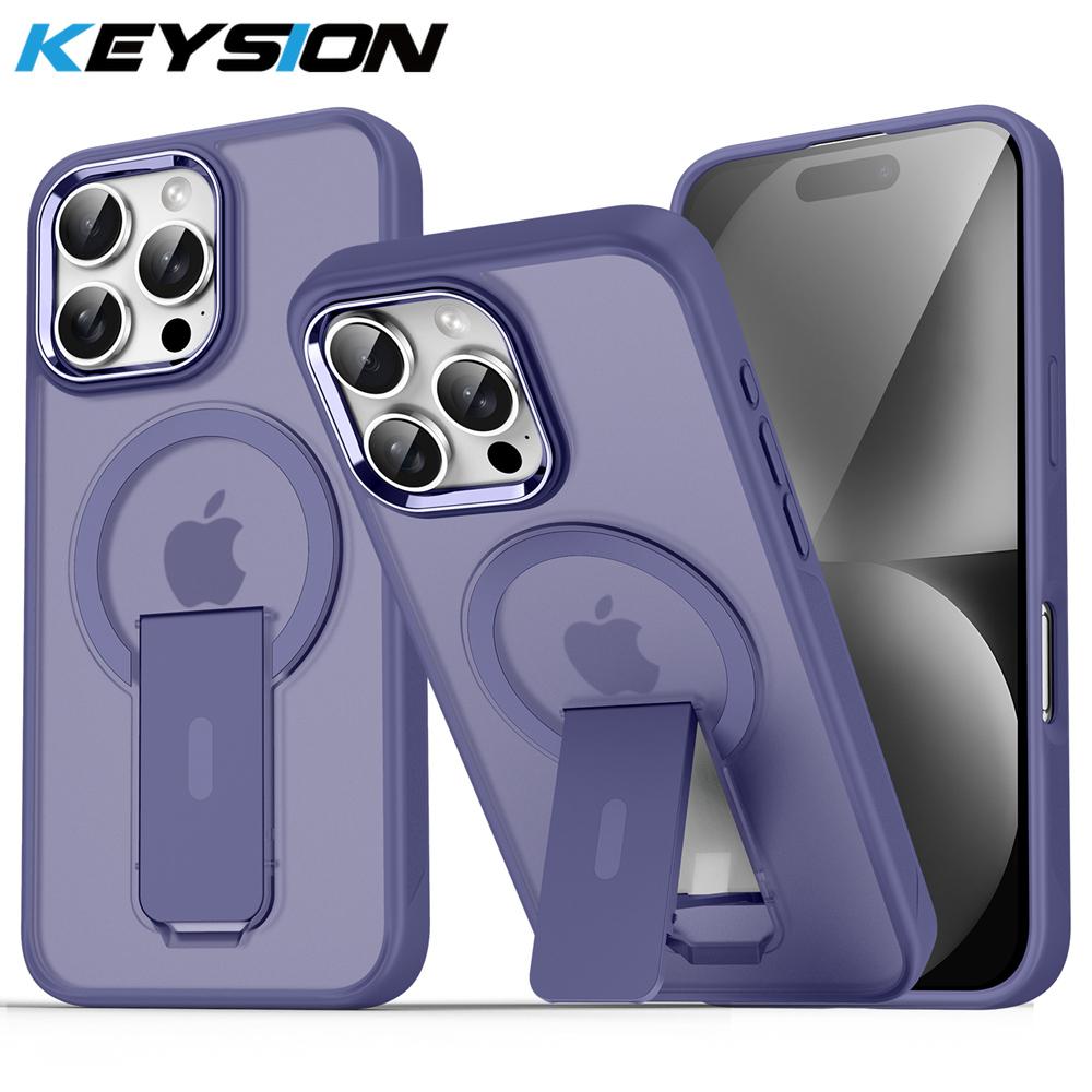 

KEYSION Противоударный полупрозрачный чехол для MagSafe для iPhone 14 Pro Max 13 Pro Max с подставкой Беспроводная зарядка Матовый прозрачный чехол for iPhone 13 Pro Max темно-фиолетового