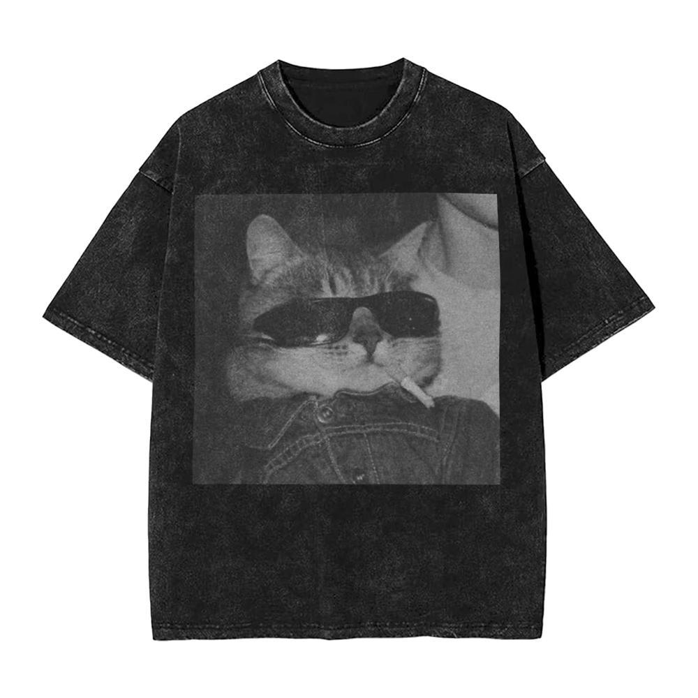 

Vintage Cigarette Kitten Funny Smoking Cat Meme Outfit T Shirt for Men Women Washed Style Tee Shirt Clothing Fashion Large Tees L