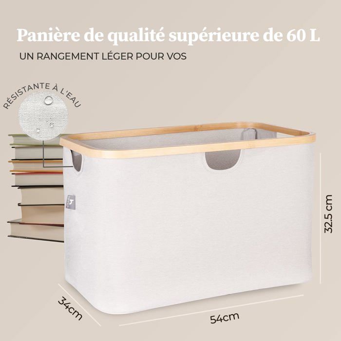 Panier linge - hennez - pliable 60l - gris clair - tissu et bambou - avec couvercle