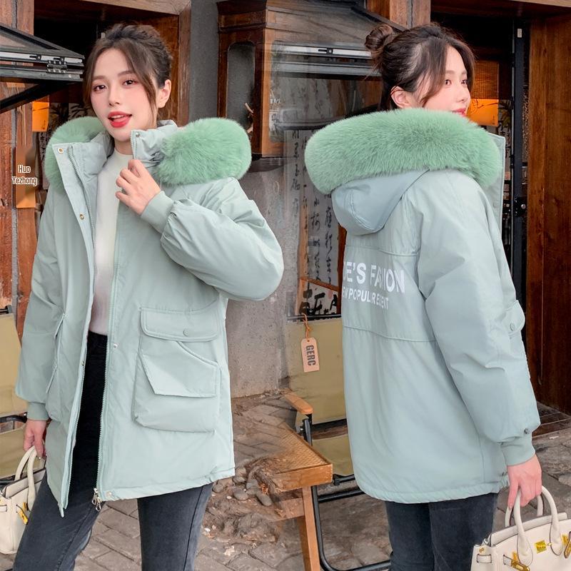 Women's Mid-Length Slim Fit Cotton Parka with Large Fur Collar - Korean Style, Plus Velvet, Thick, and Warm for Winter 2026.
