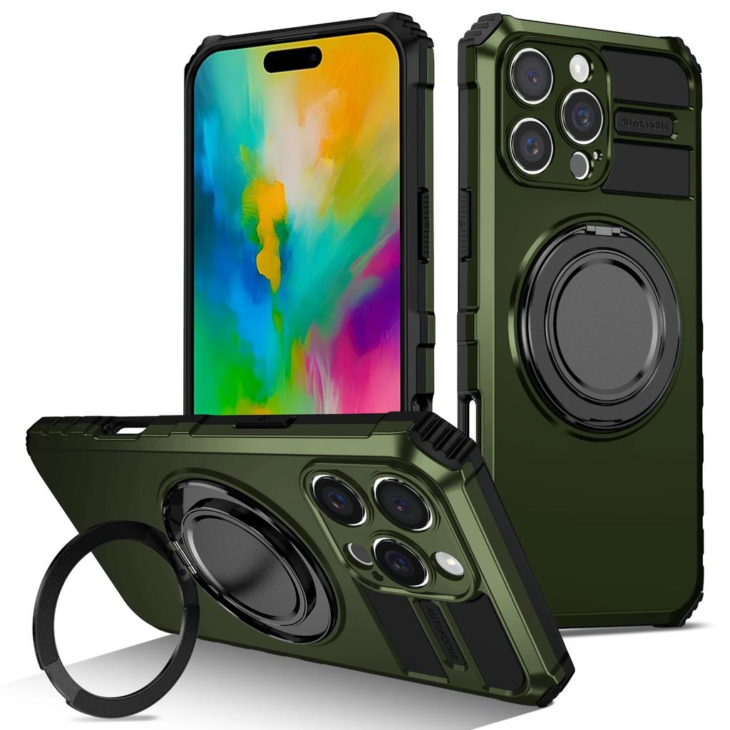 Rugged Magnetic Car In-vehicle Phone Case for IPhone 17 16 15 14 Plus 13 12 Pro Max 360 Degree Metal Rotating Bracket Ring Cover
