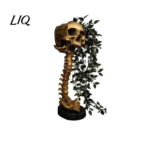 Retro Style Skull Sculpture Gothic Planter for Succulents Pothos, Creative Skeleton Flower Pot with Personalized Tattoo Shop Decor Spine Column,