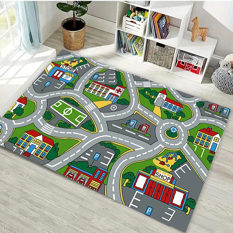 3D-Druck Kinderspielmatte Stadtverkehrskarte Großer Flächenteppich Teppich für Wohnzimmer Schlafzimmer Kinder Spielen Rutschfeste Bodendekormatte Geschenk