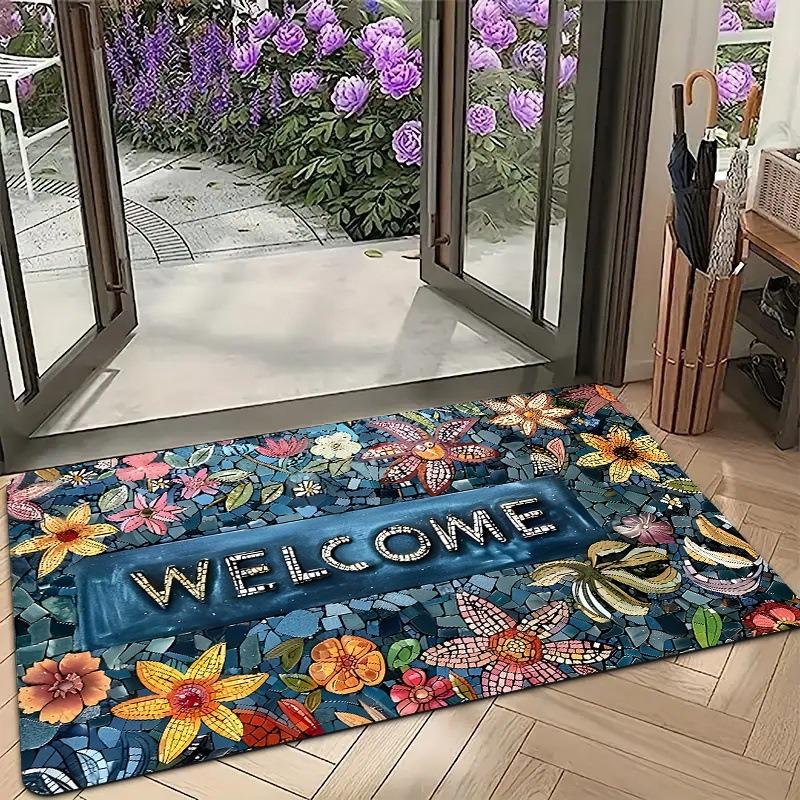 Rustic Welcome Doormat with Tree Stump Design Colorful Flower Printed Entrance Rug Non Slip Indoor Outdoor Mat for Porch