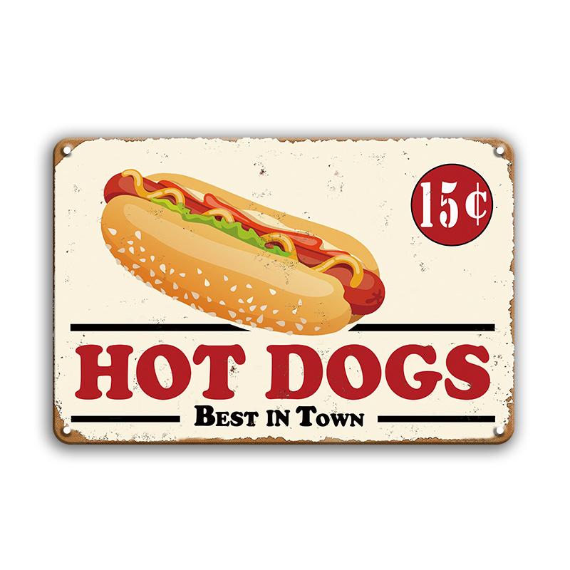 Hot Dog Fresh Hamburgers Metal Tin Signs BBQ Vintage Posters Home Kitchen Wall Decor Iron Plate Painting Fast Food Shop Plaques