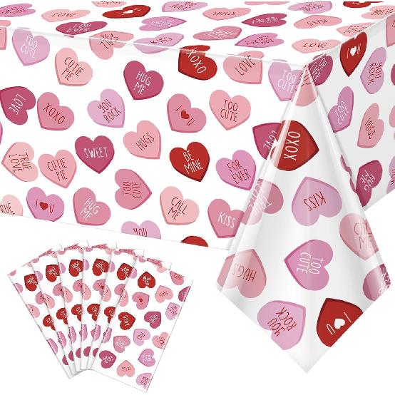 3 Pcs Valentines Day Tablecloth, Pink Love Heart Plastic Table Cover, Valentines Disposable Rectangle Table Cloth for Valentine’s Day Wedding