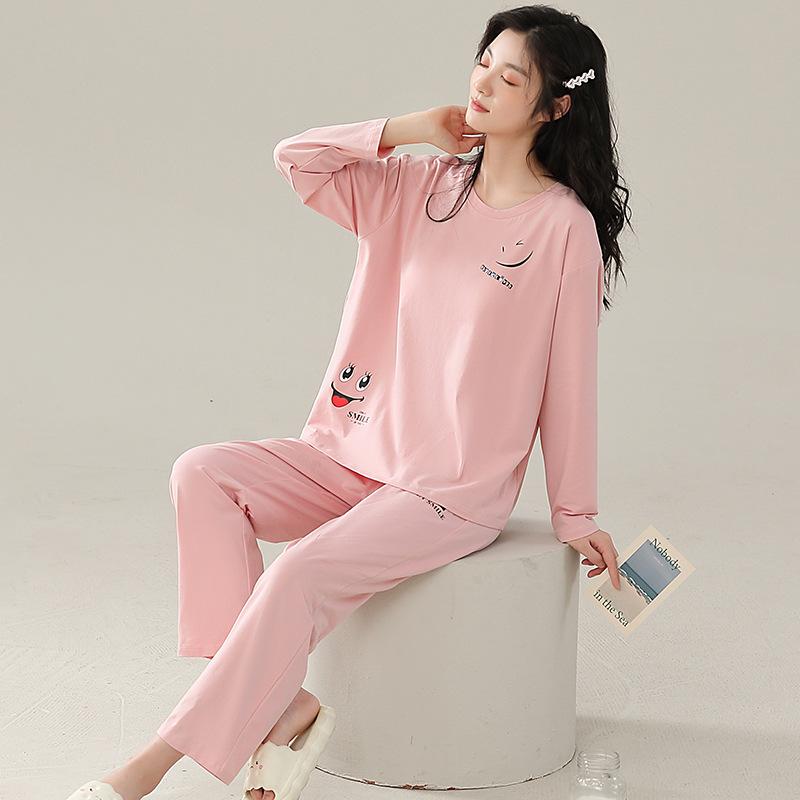 Pajamas With Chest Pads Women'S Pure Cotton Long-Sleeved Round Neck Pullover Loungewear Can Be Worn Outside