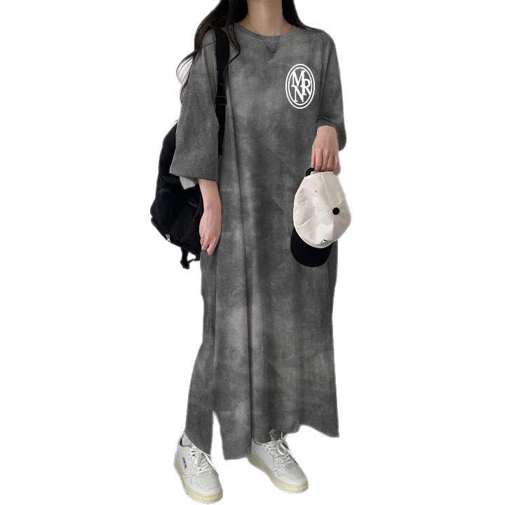 Korean Retro Tie-Dye Letter Print Slimming Casual Mid-Length T-Shirt Dress