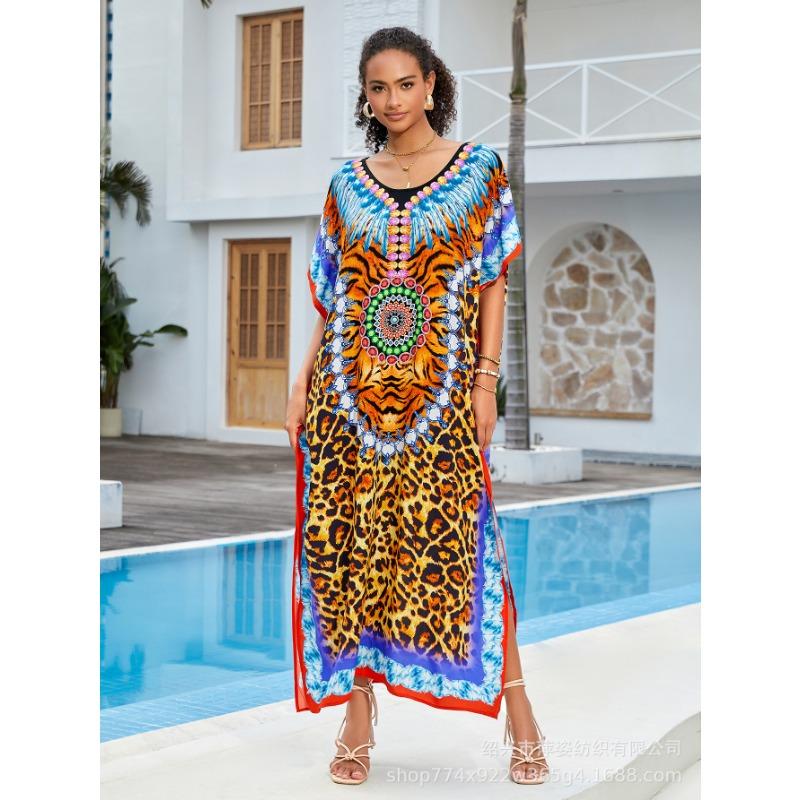 Plus Size Beach Print Dress for Women Bat Sleeve Bikini Suntan Cover Up