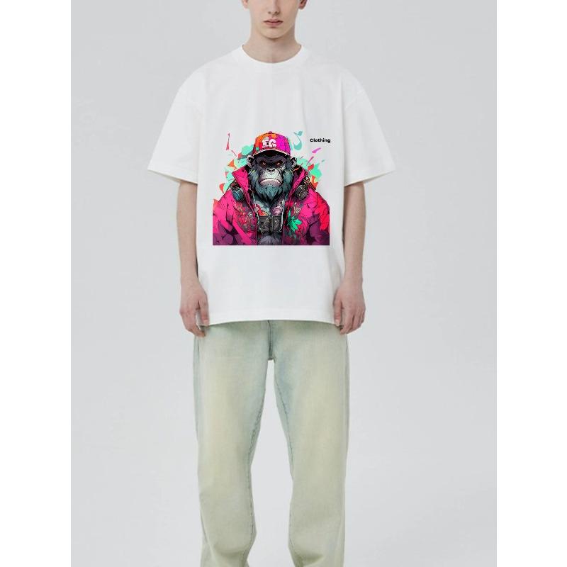 Černé tričko s barevným grafickým potiskem opice a textem pro běžné nošení