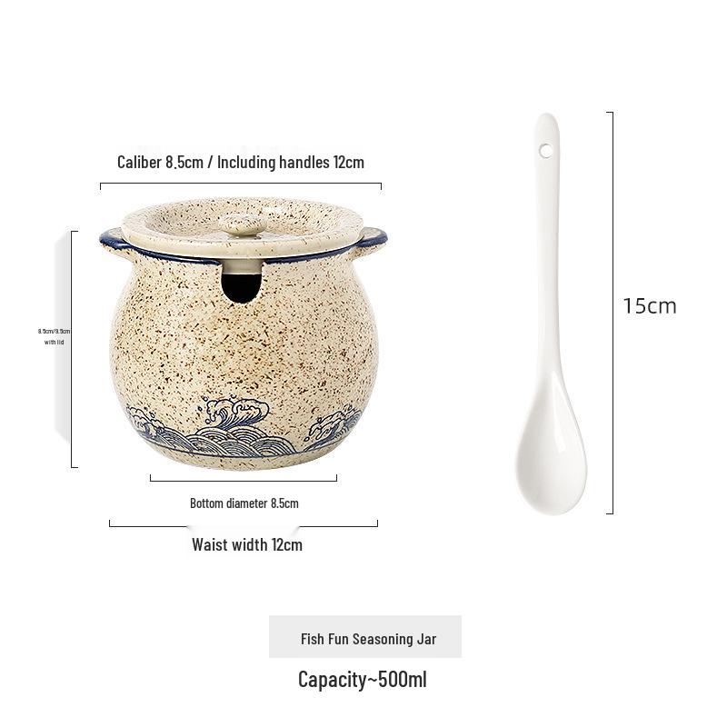 Japanese Double-Handle Ceramic Lard & Chili Oil Jar, Large Capacity, Heat-Resistant, with Lid & Spoon