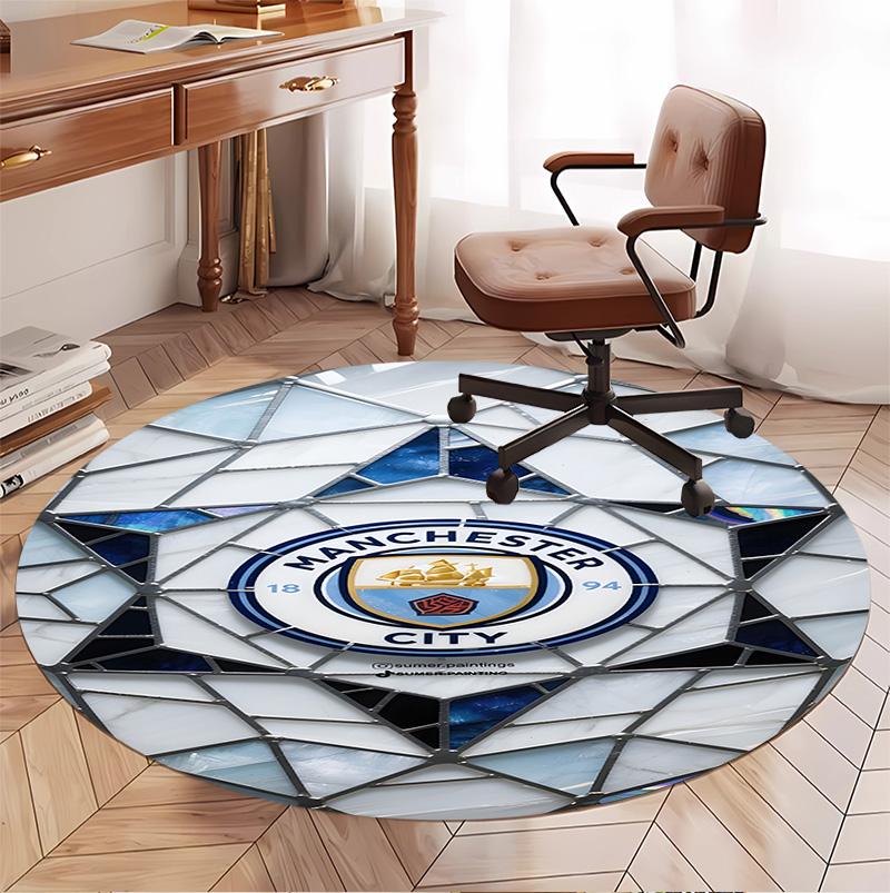 Manchester City FC Pattern Round Rug, Indoor/Outdoor Mat, for Picnic, Gameroom, Bedroom, Office, Living Room, Home Decor Carpet, Birthday Gift