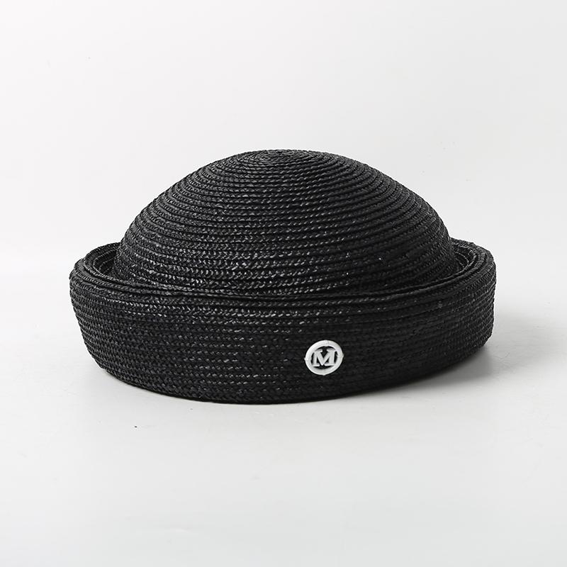Sommer handgeflochtene natürliche Stroh-Baskenmütze für Damen Mode Kreis konkaves Oberteil Strohhut Kirche Derby Party Strand Stewardessenhut 56-58cm black
