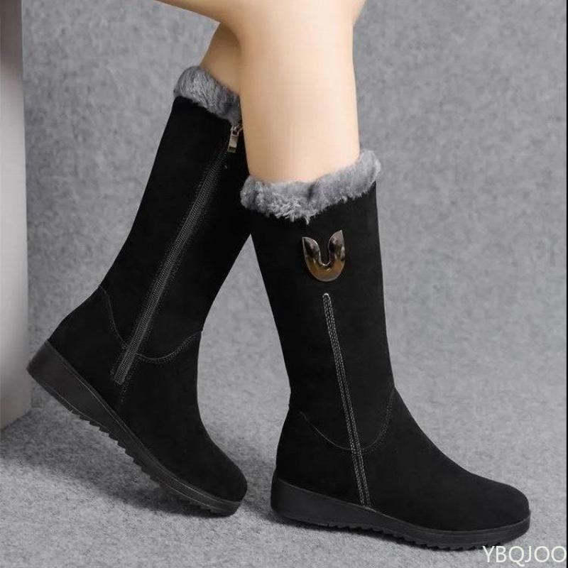 Winter Versatile Snow Boots for Women Thick Midsole Sloping Heel Anti Slip  Warm Side Zipper Comfortable Women's Cotton Boots