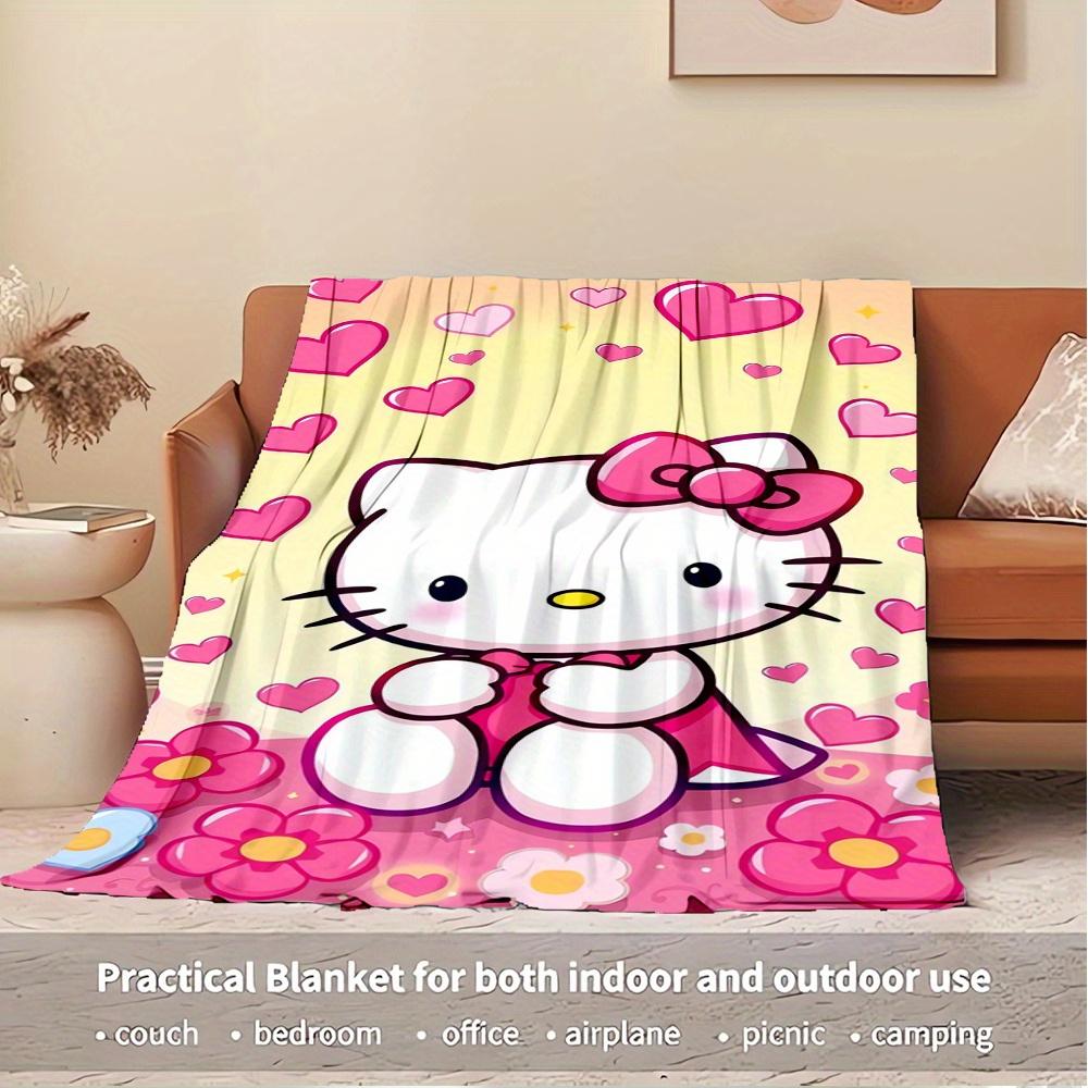 For Kitty, Hearts, FlowersAnime-Themed Flannel Blanket, Glam Style, Digital Print, All-Season Comfort, Tear-Resistant, Knitted Craftsmanship