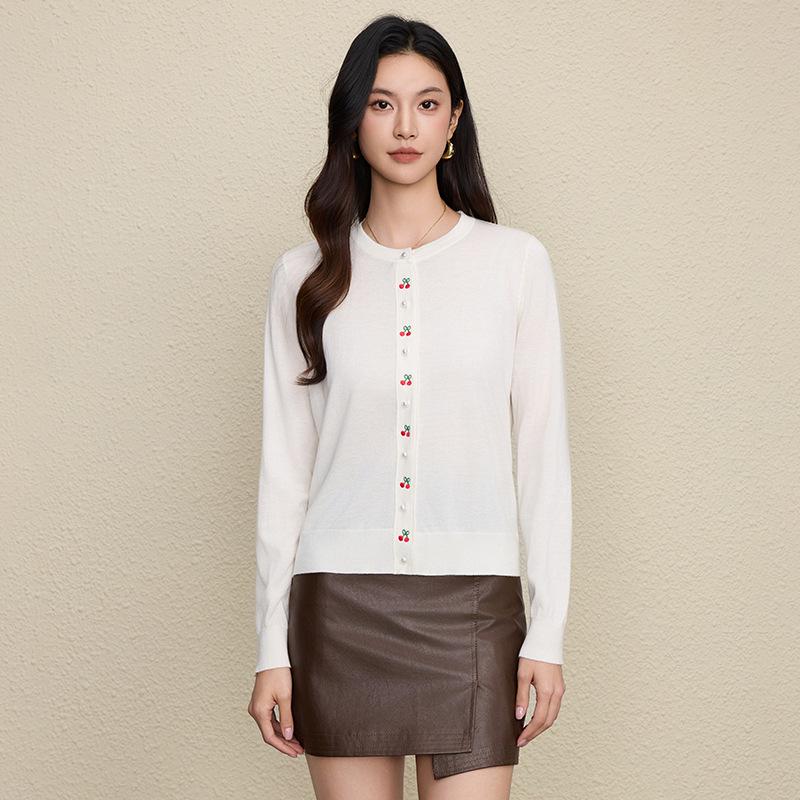 Romantic Cherry Embroidered Wool Knit Cardigan - Women's French Style
