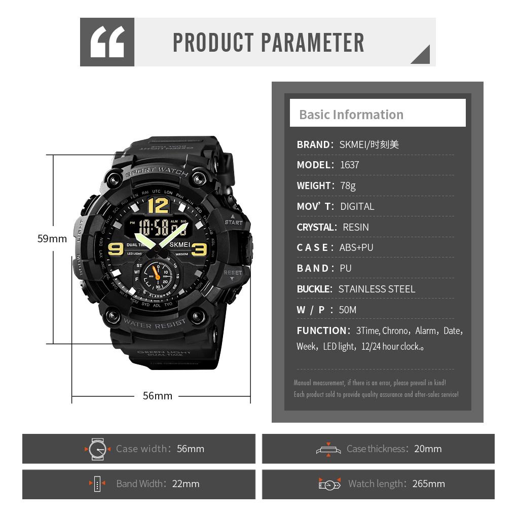 SKMEI 1637 Military Watch for Men LED Display Waterproof Quartz Wristwatch Mens Sport Digital Shockproof Clock Montre Homme 1965