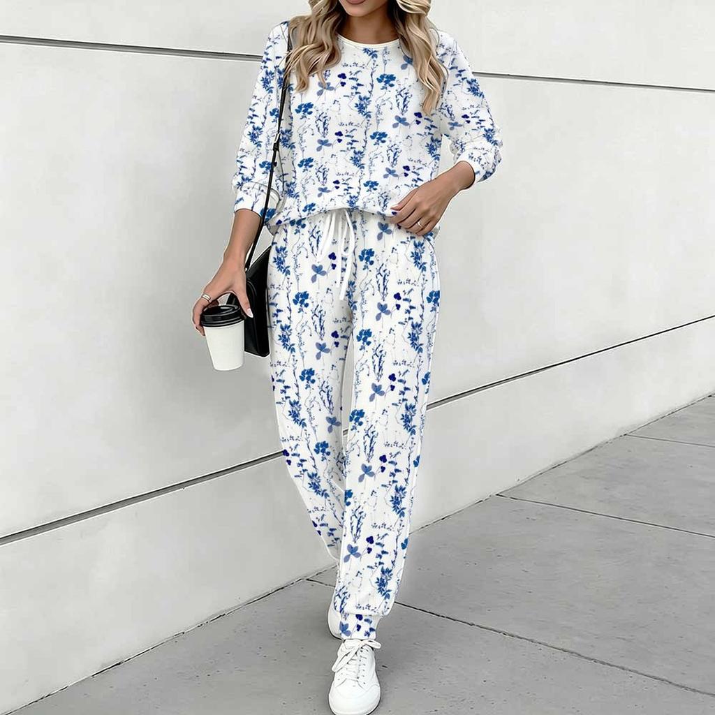 Women Floral Print Two Piece Outfit, Long Sleeve Crew Neck Top & Drawstring Jogger Pants Casual Tracksuit for Spring Autumn