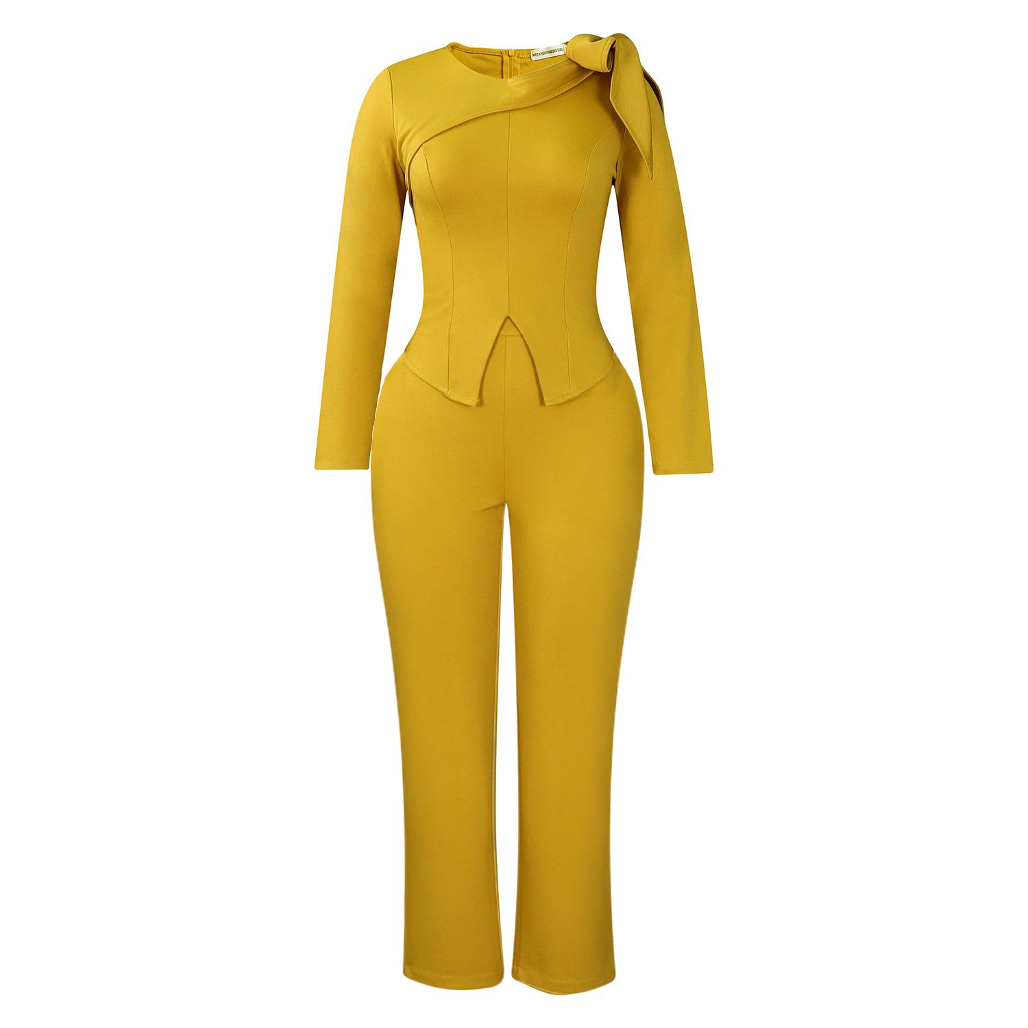 

Fashion women s clothing winter new fashion temperament solid color long-sleeved top pants set XXXL земля жовтий колір