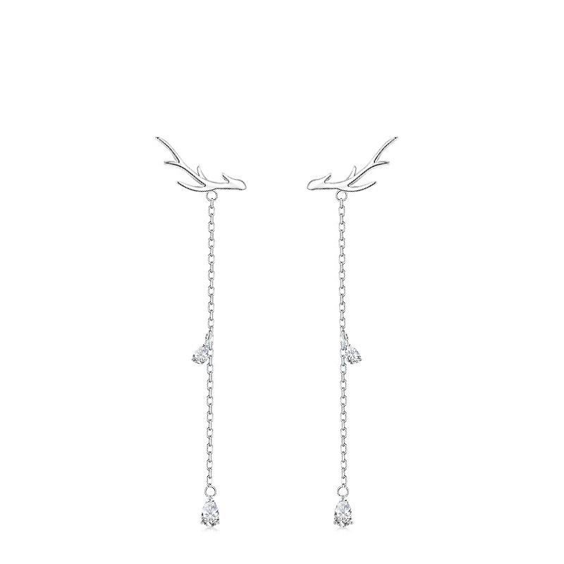 Higu S925 Silver Reindeer Antler Tassel Earrings: Christmas Dangle Studs for Women, Mori Style