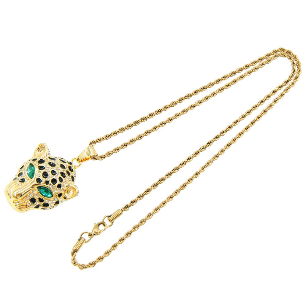 European Hip Hop Three-Dimensional Diamond-Inlaid Green Eyes Leopard Head Pendant Necklace Fashionmonger Personalized Pendant Accessories Pendants