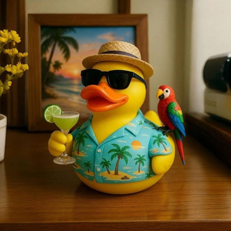 Beach Theme Duck with Parrot Ornament Waterproof Resins Craft Tropics Music Tributes Ornament For Shelf Table Display