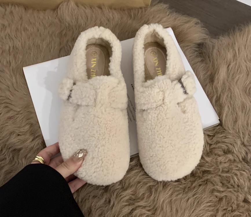 Inner heightening thick-soled lamb wool shoes for women to wear outside in winter, warm and velvet Boken shoes, one pedal, Doudou cotton shoes