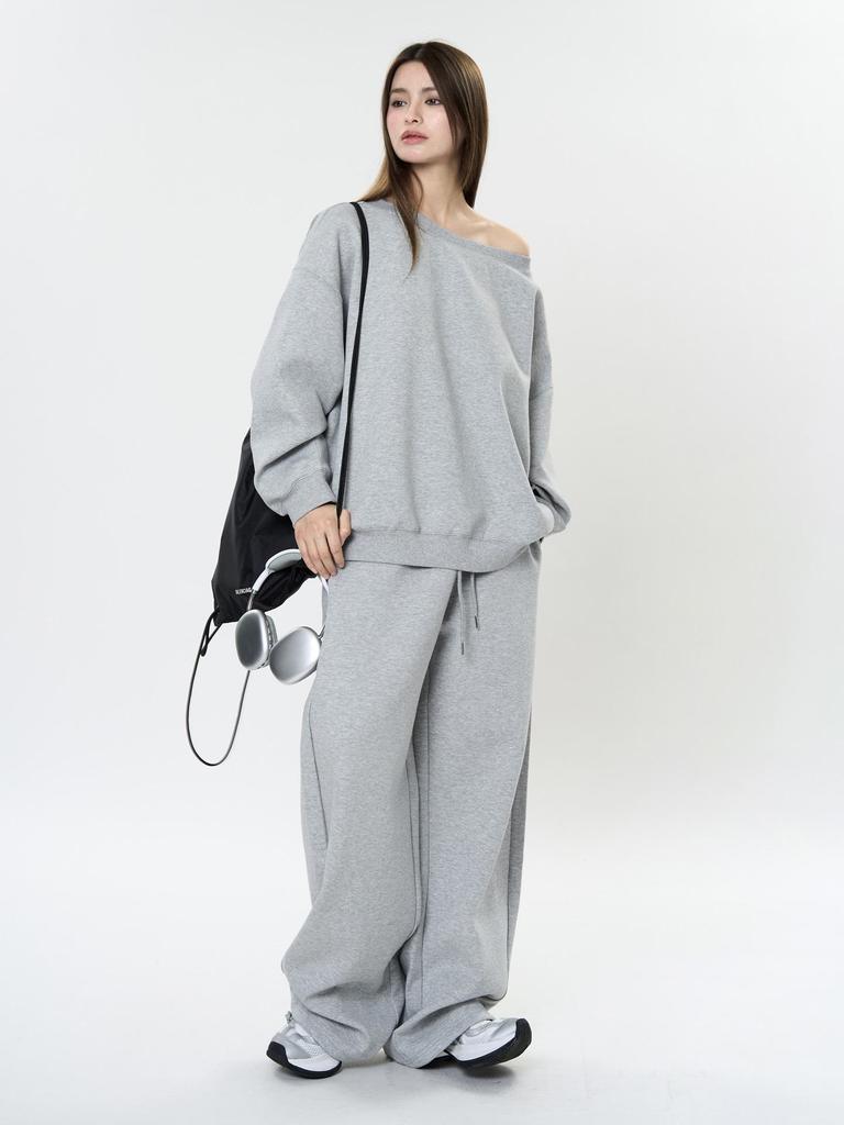 Louvre Spring Korean Athflow One-Shoulder Relaxed Sweatshirt for Women